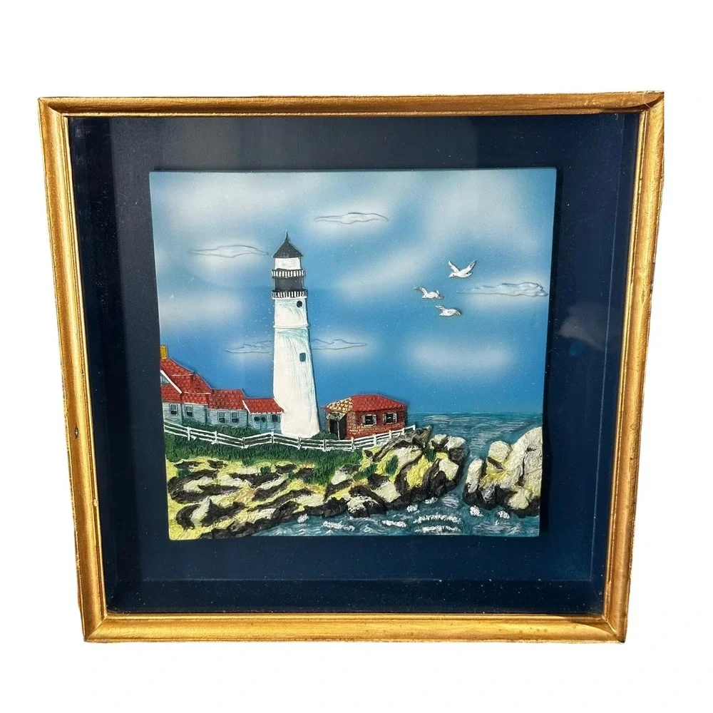 Lighthouse‎ 3D Framed Wall Art 12x12 Blue Gold Coastal Nautical